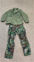 Green army coat with camouflage pants, coat with