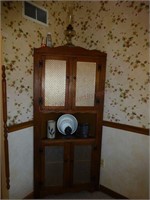 Wooden Corner Cabinet with Antique Items