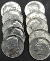 (10) 1964 BU Kennedy Silver Half Dollars