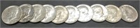 (10) 1964 Kennedy Half Dollars, AU/BU