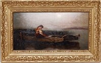Art Antique Oil Painting Board Woman on a Boat
