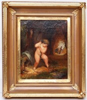 Art Antique Oil On Canvas Cupid Misses?