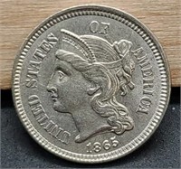 1865 Three Cent, Nickel AU