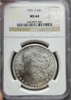 1921 slab Morgan Silver Dollar, NGC MS64