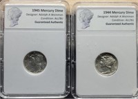 1944 & 1945 slab Mercury Dimes, AU/BU