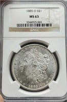 1885-O slab Morgan Silver Dollar, NGC MS63
