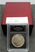 1921 slab Morgan Silver Dollar w/Wood Display Case