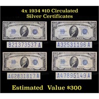 4x 1934 $10 Blue Seal Silver Certificate Circulate