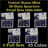 Group of 5 United States Quarters Proof Sets 1999-