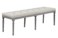 Tufted Beige Upholstered Bench, Weathered Gray Leg