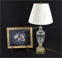Cut Crystal Lamp with Painted Framed Floral