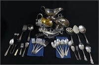 Silverplate Salt Bowls &  Assortment of Utensils