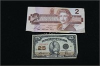 1923 Dominion of Canada 25 Cent  & 1986 2.00 Bill