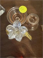 PINK DEPRESSION CANDLE HOLDERS AND FLOWER PIECE