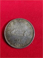 1936 Canada Silver 1 Dollar Coin, .800 Silver