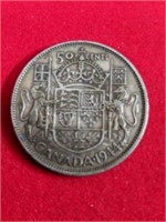 1944 Canada Silver 50 Cent Coin, .800 Silver