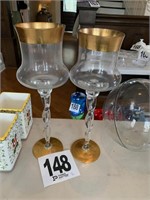 Tall Glass Candle Holders/Gold Trim (One Broken)