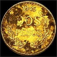 1945 Mexican Gold 2 Pesos LIGHTLY CIRCULATED