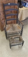 EARLY LADDER BACK SHAKER CHAIR W/ FOOTSTOOL