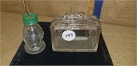 2 GLASS CANDY CONTAINERS- 1 SHAPED SUITCASE