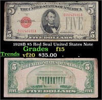 1928B $5 Red Seal United States Note Grades f+