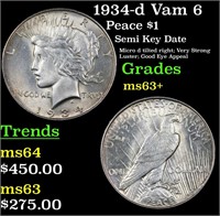 1934-d Vam 6  Peace Dollar $1 Grades Select+ Unc