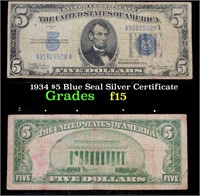 1934 $5 Blue Seal Silver Certificate Grades f+