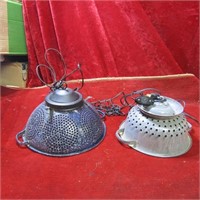 (2) Hanging swag lamps from enamelled colanders.