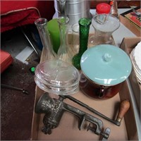 Vintage misc. Food grinder, pot, vase lot.