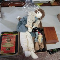 Vintage sears catalog, wood box, dolls.