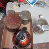 Vintage tin canisters, teapot, and more.
