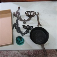 Cast iron lamp bracket parts, skillet, wrench,