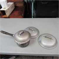 Vintage aluminum pan and lids. Cutting board.