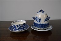 Blue Willow Cup/Saucer & Blue and White Honey Pot