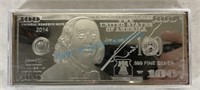 US $100 bill silver proof 1 ounce of silver