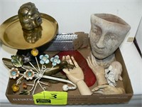 FLAT WITH POTTERY HEAD PLANTER, BRASS STAND, DOLL