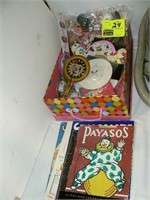 BOX WITH PARTY ITEMS, VINTAGE CLOWN NOISEMAKER,
