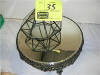 ANTIQUE MIRRORED PLATEAU, FACETED GLASS CONTAINER
