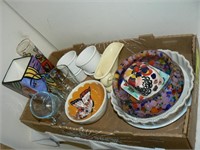 FLAT WITH ART GLASS, MEASURING CUPS, POTTERY,