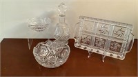 Clear Cut & Pressed Glass Bowls, Decanter, Tray