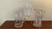 Czech Crystal Vase & 2 Glass Pitchers