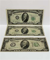 Three $10 Federal Reserve Notes