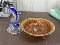 Carnival Glass Footed Candy Dish 8 Inch, Dolphin