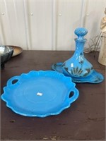 Blue Slag Glass Serving Plate, Decanter And
