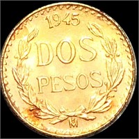 1945-M Mexican Gold 2 Pesos CLOSELY UNC