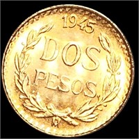 1945-M Gold Mexican Gold 2 Pesos UNCIRCULATED
