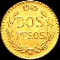 1945-M Mexican Gold 2 Pesos LIGHTLY CIRCULATED
