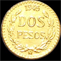 1945-M Mexican Gold 2 Pesos LIGHTLY CIRCULATED
