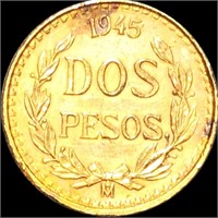 1945-M Mexican Gold 2 Pesos UNCIRCULATED