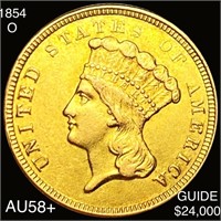 1854-O $3 Gold Piece CHOICE AU+